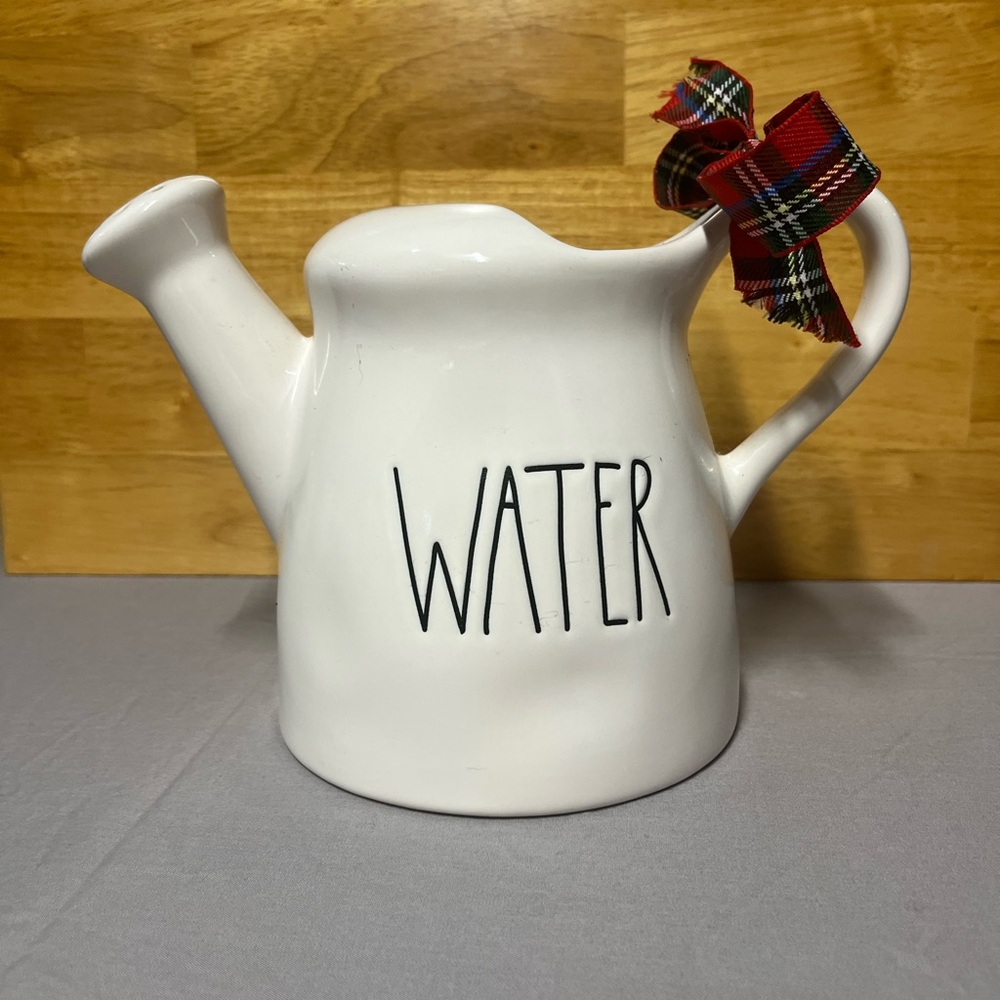 Rae Dunn White Watering Can with Red Plaid Bow